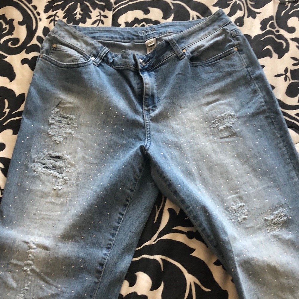Cache denim stretch jeans with lots of rhinestones